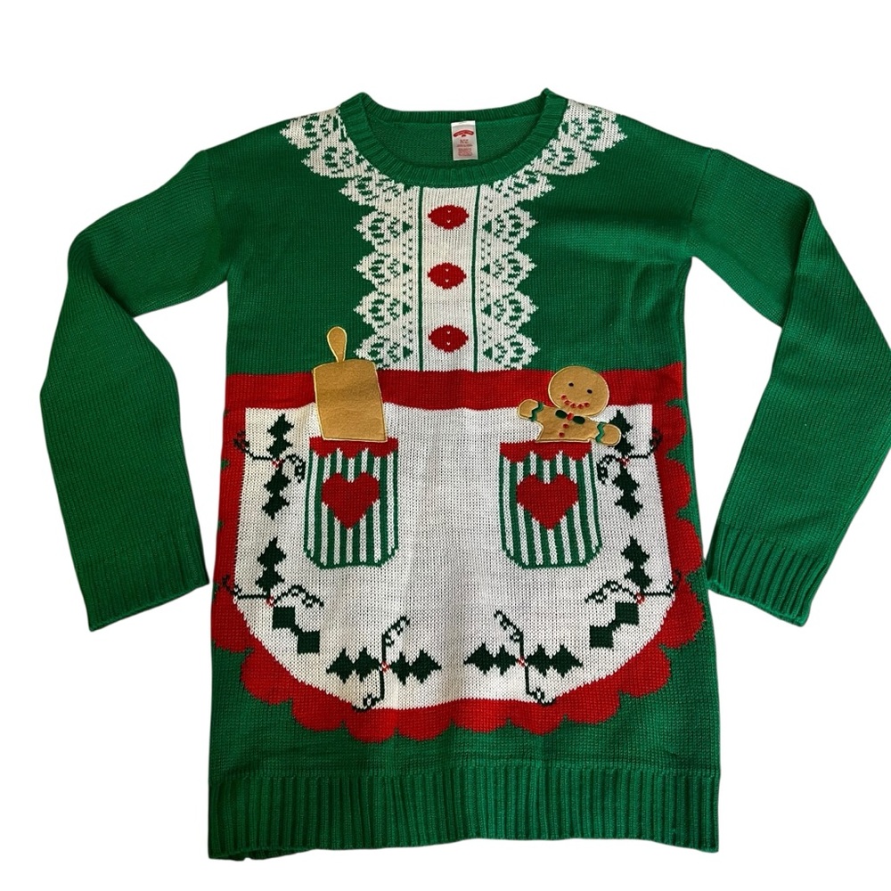 Holiday Time Ugly Christmas Sweater Gingerbread Baking Apron Green Knit